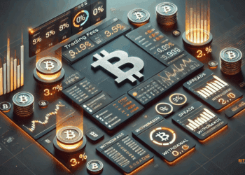 Visuele weergave van kostenverschillen tussen cryptocurrency brokers, met digitale elementen en een centraal symbool van Bitcoin als focuspunt.