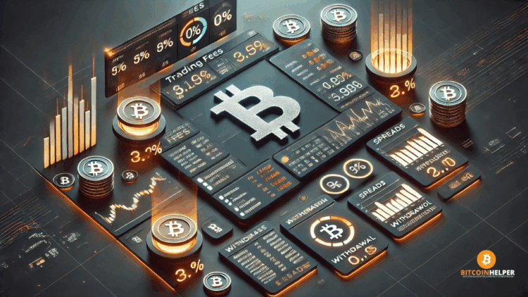 Visuele weergave van kostenverschillen tussen cryptocurrency brokers, met digitale elementen en een centraal symbool van Bitcoin als focuspunt.
