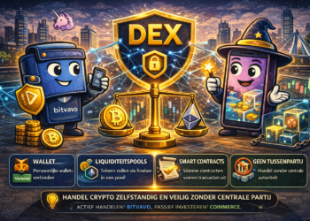 Illustratie van een decentralized exchange met crypto karakters die handelen via liquidity pools en smart contracts zonder tussenpartij in een blockchain omgeving