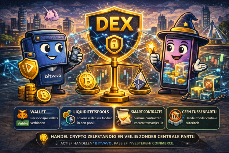 Illustratie van een decentralized exchange met crypto karakters die handelen via liquidity pools en smart contracts zonder tussenpartij in een blockchain omgeving