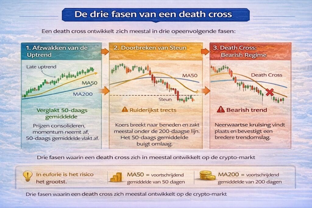 Infographic die uitlegt hoe een death cross in crypto ontstaat in drie fasen: afnemend momentum in een uptrend, een neerwaartse doorbraak onder het 200-daags gemiddelde en uiteindelijk de kruising waarbij een bearish trend wordt bevestigd.