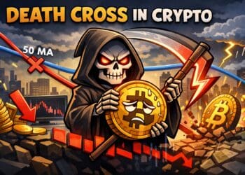 Illustratie van een death cross in crypto waarbij het 50-daags voortschrijdend gemiddelde onder het 200-daags gemiddelde kruist bij Bitcoin, als symbool voor een bearish trend en dalende marktstructuur