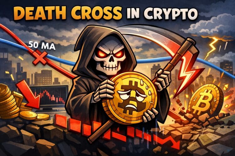 Illustratie van een death cross in crypto waarbij het 50-daags voortschrijdend gemiddelde onder het 200-daags gemiddelde kruist bij Bitcoin, als symbool voor een bearish trend en dalende marktstructuur
