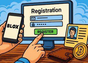 Karikatuur van een persoon die zich registreert voor de BLOX crypto-app op smartphone en computer, met ID-kaart, Bitcoin-munt en registratieformulier op een kleurrijke achtergrond.