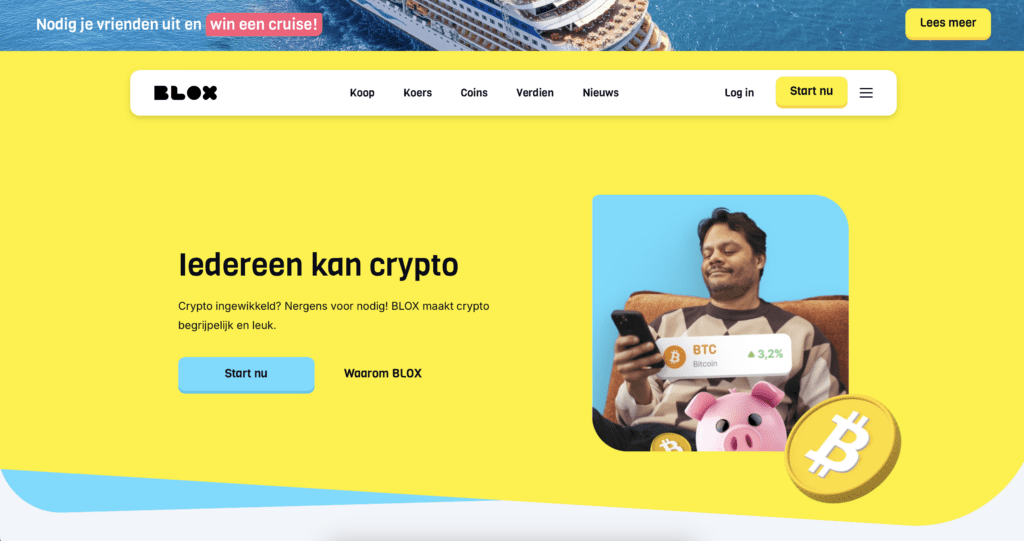 Homepage van de BLOX crypto app met de slogan “Iedereen kan crypto” en een gebruiker die Bitcoin bekijkt op zijn smartphone.