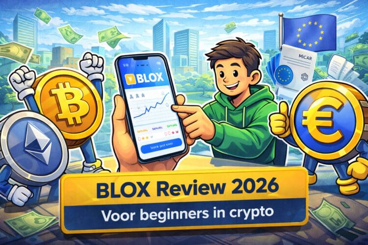 Karikatuurillustratie in crypto-stijl van de BLOX app, met Bitcoin-, Ethereum- en euro-symbolen rond een tablet die eenvoudig crypto kopen en verkopen in 2026 verbeeldt.