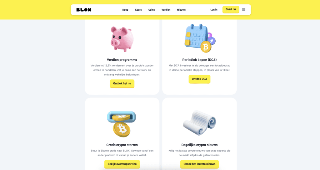 Overzicht van BLOX functies zoals het verdienprogramma, periodiek kopen met DCA, gratis crypto storten en dagelijks crypto nieuws.