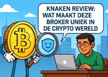 Cartoonachtige blogafbeelding in Cointelegraph-stijl met een Bitcoin-karakter dat door een vergrootglas naar het Knaken-logo kijkt, naast een handelaar achter zijn laptop met de tekst “Knaken Review: Wat maakt deze broker uniek in de crypto wereld”.