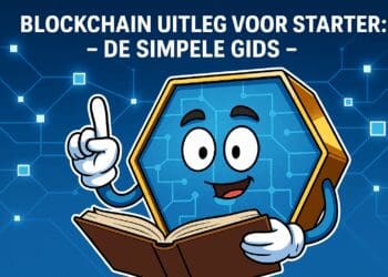 Cartoon van een vrolijk blockchainfiguurtje dat een boek vasthoudt en uitleg geeft, tegen een achtergrond van digitale netwerken – educatieve crypto-illustratie zonder jaartal.