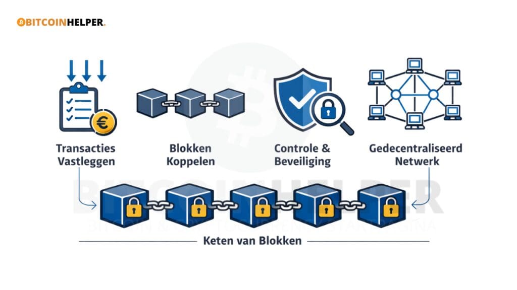 Schematische infographic die voor beginners stap voor stap laat zien hoe blockchain werkt, met transacties, gekoppelde blokken, beveiliging en een gedecentraliseerd netwerk