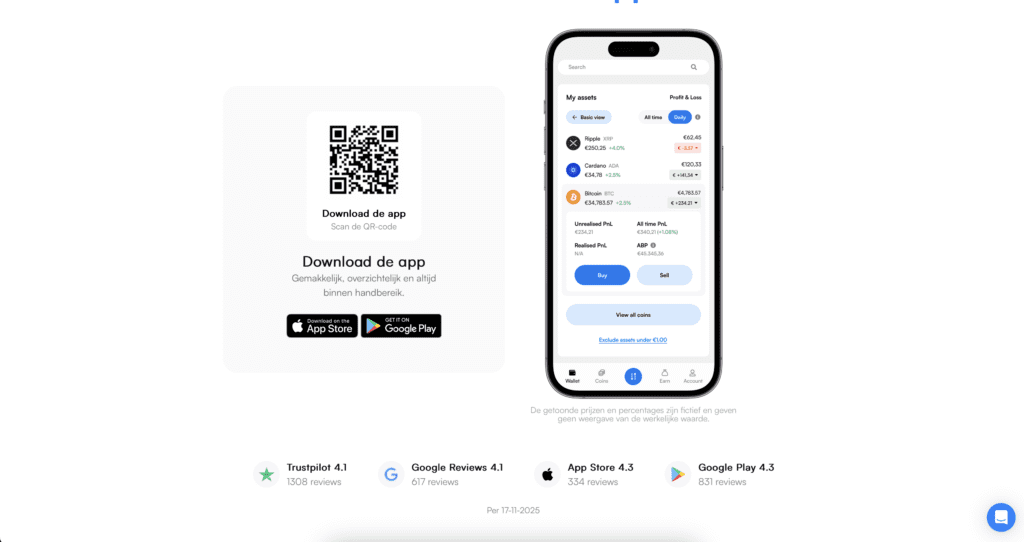 Coinmerce mobiele app met portfolio overzicht, winst en verlies tracking en koop- en verkoopfuncties op smartphone.