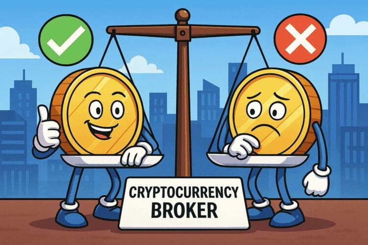 Cartoonachtige illustratie van twee lachende en verdrietige cryptomunten op een weegschaal met de tekst "Cryptocurrency Broker", die de voordelen en nadelen van brokers symboliseert.