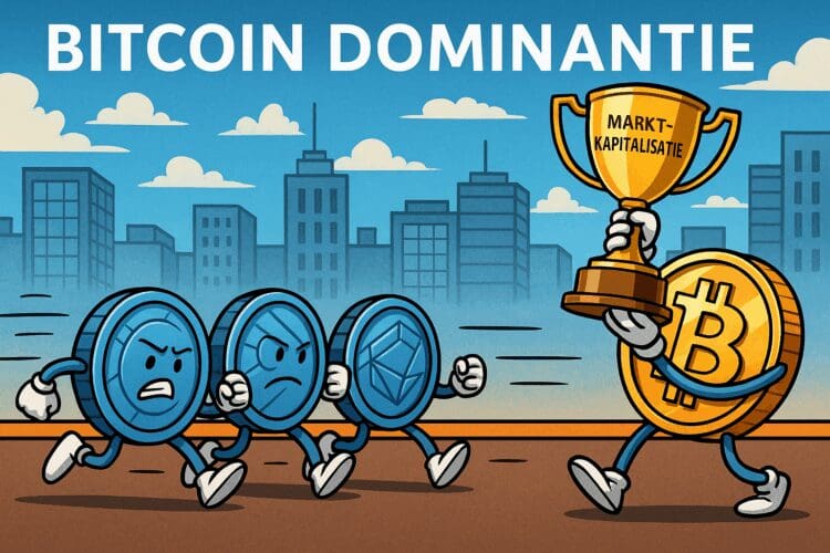 Cartoon van Bitcoin met een trofee gemarkeerd als 'Marktkapitalisatie', voorop in een race tegen boze altcoins in een stadse setting.