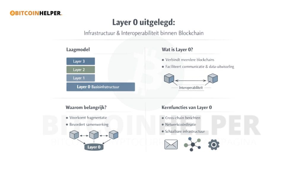 Infographic die laat zien hoe Layer 0 als basisinfrastructuur meerdere blockchains verbindt en interoperabiliteit mogelijk maakt tussen Layer 1-, 2- en 3-netwerken.