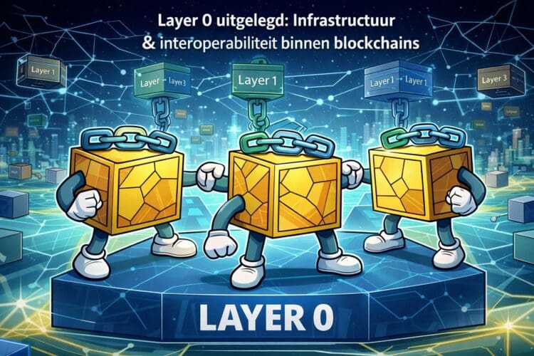 Crypto-karikatuur waarin Layer 0 als basis meerdere blockchains verbindt, met visuele koppelingen tussen Layer 1, Layer 2 en Layer 3.