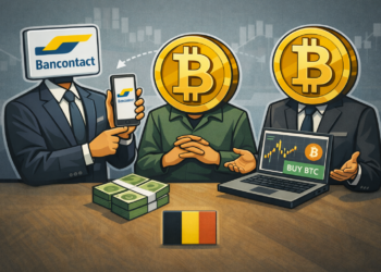 Illustratie van Bitcoin kopen met Bancontact waarbij financiële entiteiten samenwerken in een professionele setting, met nadruk op snelheid, gebruiksgemak en directe aankoop via een Belgisch betaalmiddel.