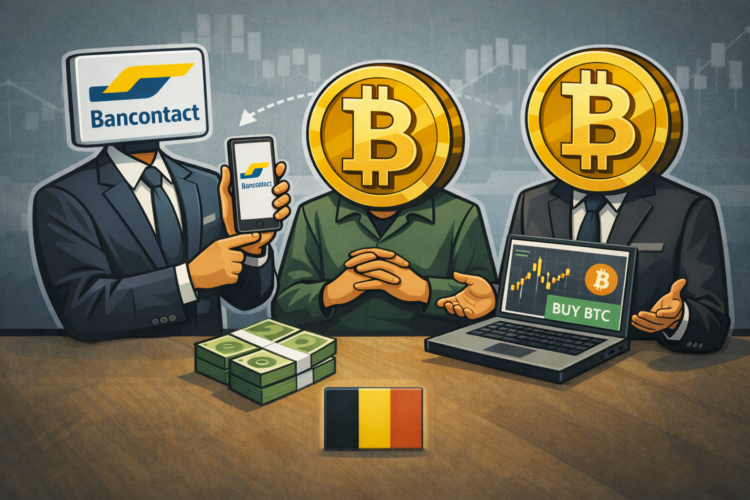 Illustratie van Bitcoin kopen met Bancontact waarbij financiële entiteiten samenwerken in een professionele setting, met nadruk op snelheid, gebruiksgemak en directe aankoop via een Belgisch betaalmiddel.