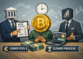 Illustratie van Bitcoin kopen met bankoverschrijving: bank, exchange en Bitcoin-figuur in gesprek met SEPA-document, prijsgrafiek en nadruk op lagere kosten en tragere verwerkingstijd.