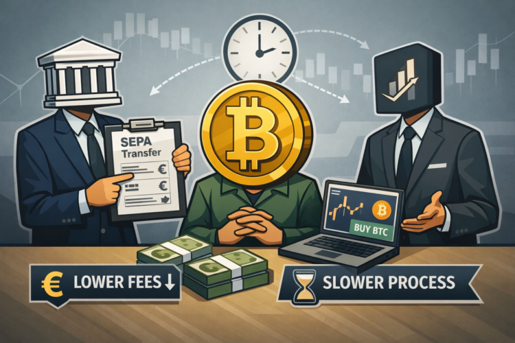 Illustratie van Bitcoin kopen met bankoverschrijving: bank, exchange en Bitcoin-figuur in gesprek met SEPA-document, prijsgrafiek en nadruk op lagere kosten en tragere verwerkingstijd.