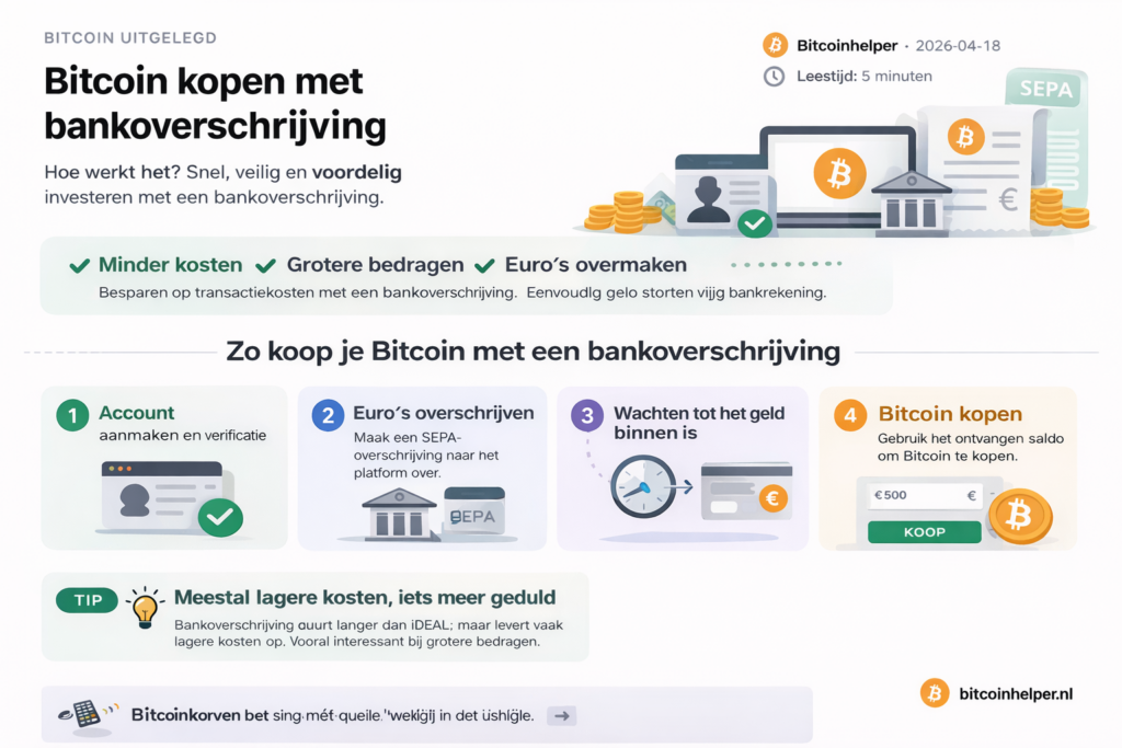 Infographic over Bitcoin kopen met bankoverschrijving met 4 stappen (account, overschrijven, wachten, kopen) en uitleg over lagere kosten maar langere verwerkingstijd.