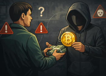 Illustratie van een risicovolle Bitcoin cashtransactie waarbij een koper contant geld overhandigt aan een anonieme verkoper met waarschuwingssymbolen die op fraude en onveiligheid wijzen.