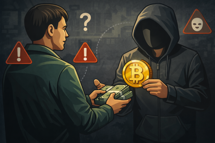 Illustratie van een risicovolle Bitcoin cashtransactie waarbij een koper contant geld overhandigt aan een anonieme verkoper met waarschuwingssymbolen die op fraude en onveiligheid wijzen.