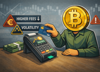 Illustratie van Bitcoin kopen met een creditcard via een betaalterminal, met nadruk op directe aankoop, hogere kosten en volatiliteit in een professionele financiële setting.