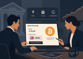 Professionele illustratie van twee zakelijke figuren die via iDEAL Bitcoin kopen op een laptop, met bankomgeving en stijgende grafiek op de achtergrond, symbool voor snelle en veilige crypto aankoop.