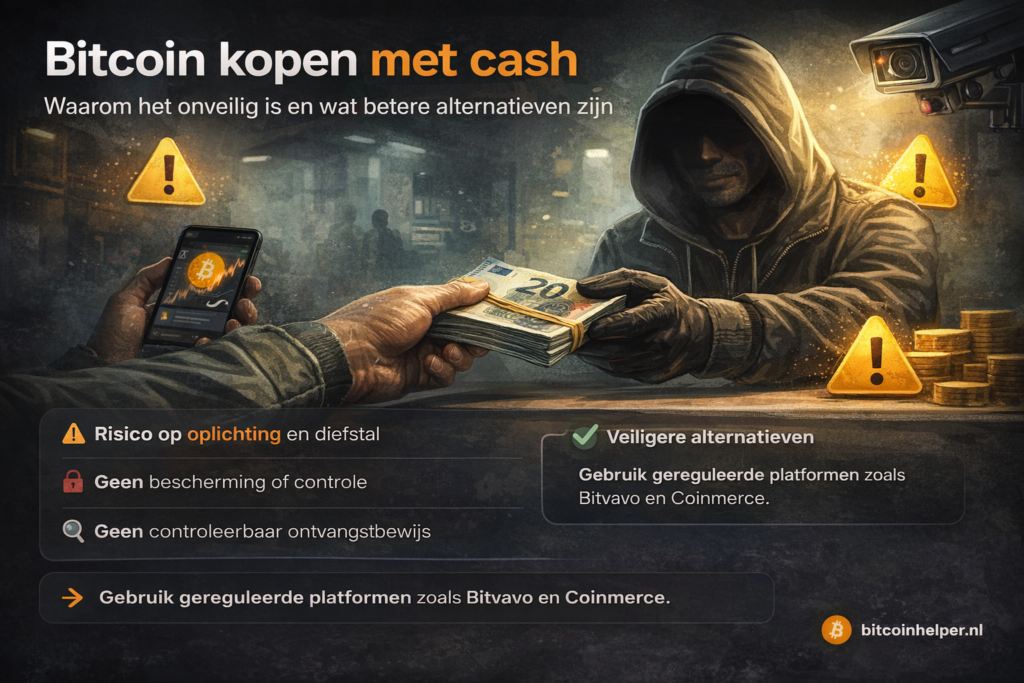 Illustratie van Bitcoin kopen met cash met risico’s zoals oplichting en geen bescherming, tegenover veiligere alternatieven via gereguleerde platforms zoals Bitvavo en Coinmerce.