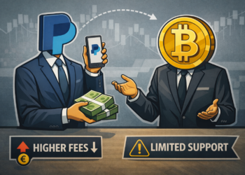 Illustratie van Bitcoin kopen met PayPal waarbij twee financiële entiteiten in overleg zijn, met nadruk op hogere kosten en beperkte ondersteuning binnen een professionele financiële setting.