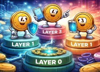 Crypto karikatuur die laat zien hoe layer blockchains zijn opgebouwd, met Layer 1 als basis, Layer 2 voor schaalbaarheid en Layer 3 voor applicaties binnen een blockchainnetwerk