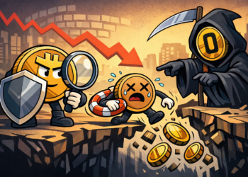 illustratie van Bitcoin die met een schild en vergrootglas zwakke altcoins onderzoekt terwijl een dalende markt en instortende cryptomunten tonen hoe investeerders hun portfolio kunnen beschermen in 2026.