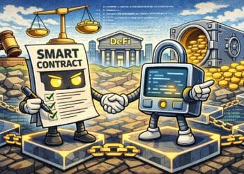2D crypto karikatuur illustratie van smart contracts op blockchain die automatisch afspraken uitvoeren, met code, slot en contractsymbolen.