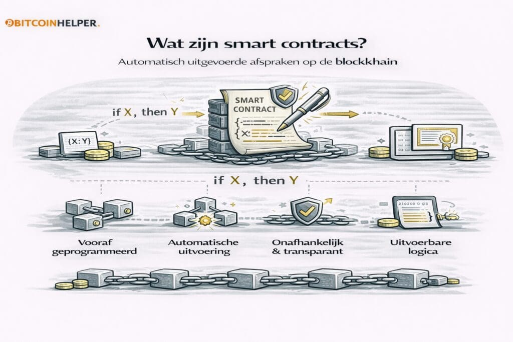 Zwart-witte landscape infographic van Bitcoinhelper die uitlegt wat smart contracts zijn, met een visuele if-then logica, programmeerbare contractcode op de blockchain en iconen voor automatische uitvoering, transparantie en vooraf vastgelegde voorwaarden zonder tussenpersoon.