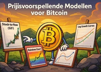 Cartoonillustratie van een Bitcoin-personage dat prijsvoorspellende modellen zoals Stock-to-Flow, Rainbow Chart en Log Growth Curves presenteert tegen een kleurrijk zonsonderganglandschap.