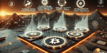 Visuele weergave van een datagedreven crypto-interface met vijf gloeiende indicatorpanelen. Donkere high-tech achtergrond met oranje accenten benadrukt analyse en inzicht voorbij prijsbewegingen.