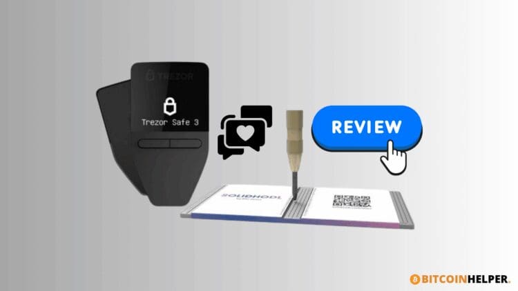 Futuristische weergave van de Trezor Safe 3 hardware wallet met visuele symbolen voor sterke beveiliging, open-source software en ondersteuning voor populaire cryptocurrencies zoals Bitcoin en Ethereum