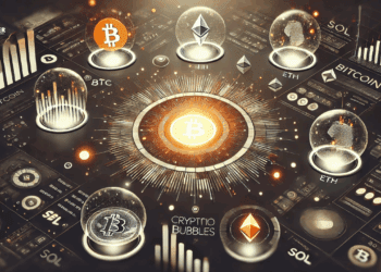 Futuristische visualisatie geïnspireerd op CryptoBubbles.net, met drijvende crypto-bubbels als live weergave van de markt.