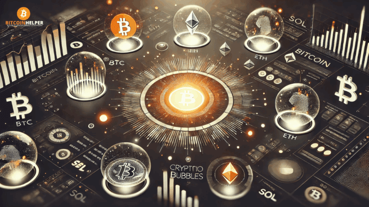 Futuristische visualisatie geïnspireerd op CryptoBubbles.net, met drijvende crypto-bubbels als live weergave van de markt.