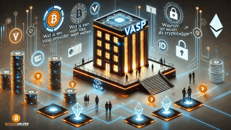 Een high-tech terminal met het label 'VASP' staat centraal, omgeven door digitale knooppunten die crypto wallets en platformen voorstellen. De visuele stijl benadrukt regulering, veiligheid en de rol van serviceproviders in crypto.