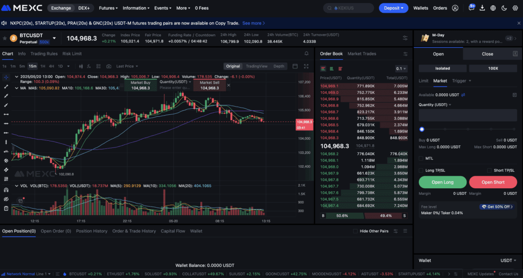 Live handelsinterface van MEXC met Bitcoin grafiek (BTC/USDT), orderboek en koop/verkoopopties voor beginnende en gevorderde crypto-traders.