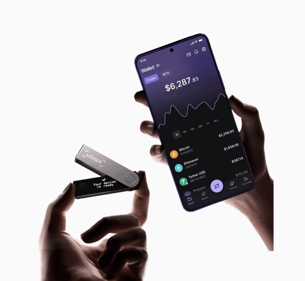 Handen houden een Ledger Nano X hardware wallet en een smartphone vast met een crypto wallet-app open, waarmee de integratie en het mobiele gebruik van de wallet worden getoond