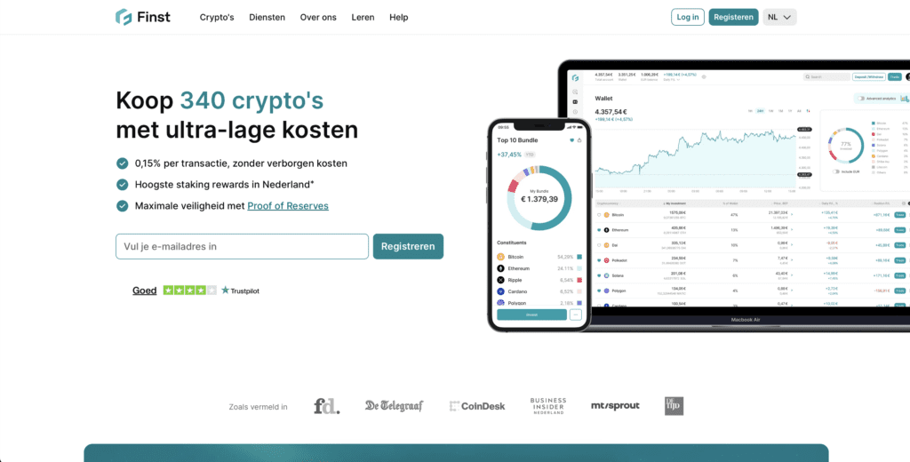 Homepage van Finst met overzicht van het crypto platform, lage transactiekosten en interface voor het kopen van cryptocurrencies.