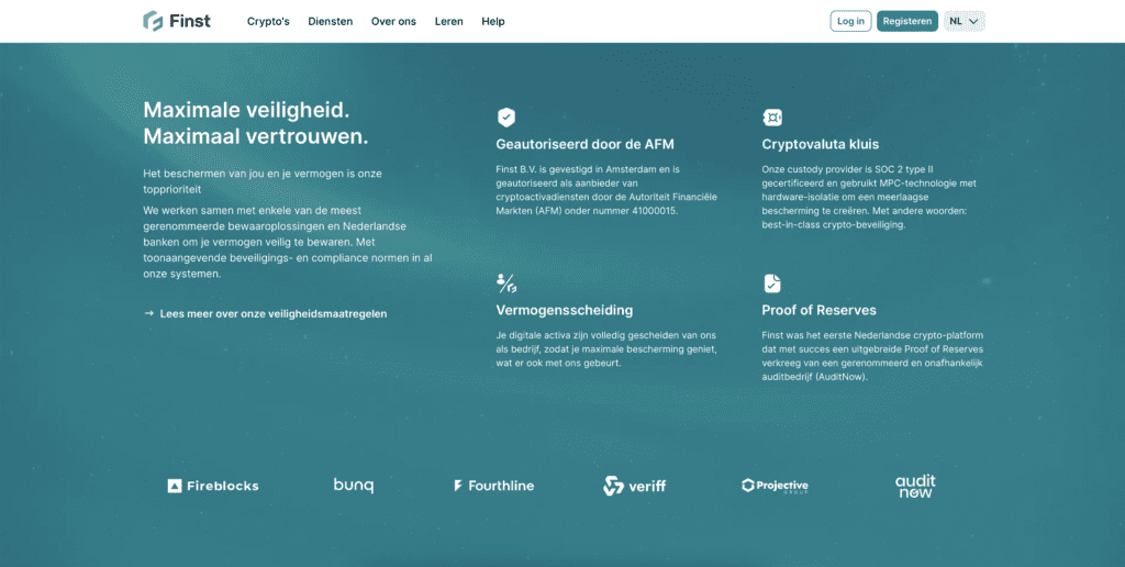 Informatiepagina van Finst over beveiliging, AFM-vergunning, vermogensscheiding en Proof of Reserves.