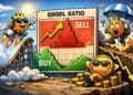 Karikaturale crypto-illustratie van de RHODL-ratio die laat zien hoe jonge en oude Bitcoin-houders elkaar afwisselen tijdens marktcycli