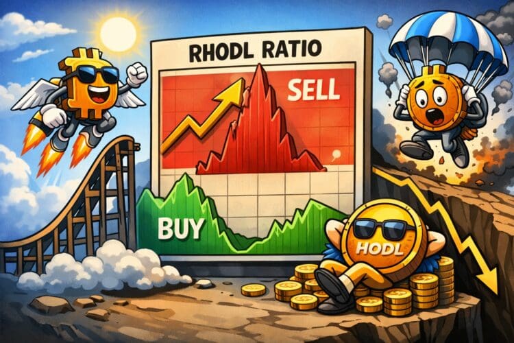 Karikaturale crypto-illustratie van de RHODL-ratio die laat zien hoe jonge en oude Bitcoin-houders elkaar afwisselen tijdens marktcycli