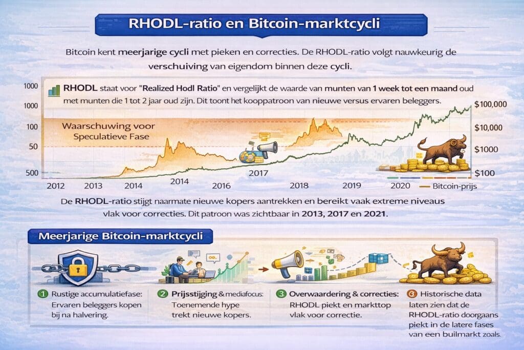 Infographic die laat zien hoe de RHODL-ratio de meerjarige Bitcoin-marktcycli volgt, met een vergelijking tussen nieuwe en langetermijnbezitters en historische pieken in 2013, 2017 en 2021 die vaak voorafgingen aan grote correcties.