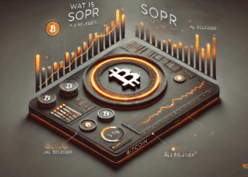 Minimalistische en high-tech weergave van een SOPR-grafiek met een oplichtende oranje curve en geïntegreerd Bitcoin-symbool, op een zwart-grijze achtergrond.