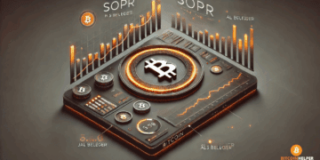 Minimalistische en high-tech weergave van een SOPR-grafiek met een oplichtende oranje curve en geïntegreerd Bitcoin-symbool, op een zwart-grijze achtergrond.