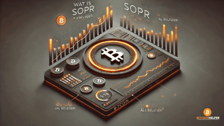 Minimalistische en high-tech weergave van een SOPR-grafiek met een oplichtende oranje curve en geïntegreerd Bitcoin-symbool, op een zwart-grijze achtergrond.